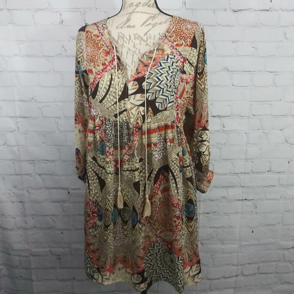Umgee Boho Feather Print Baby Doll Dress Tunic Med - Picture 2 of 8